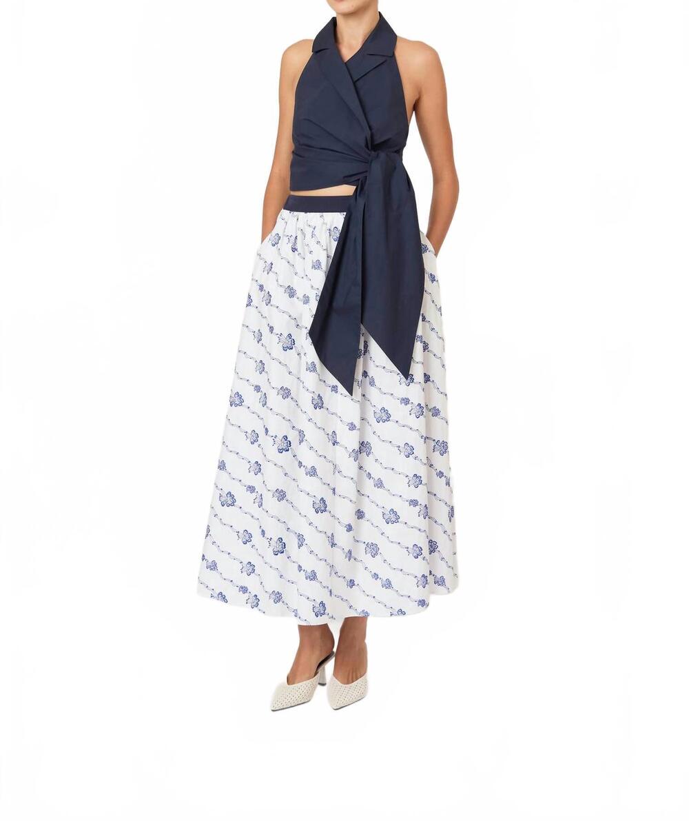 NEW ROSIE ASSOULIN easy does it winding vines embroidery skirt in blue/white
